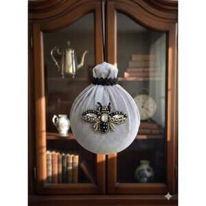 Oversized 4" Silver Velvet Christmas Ornaments, Bee Appliqué, Set of 6, Handmade